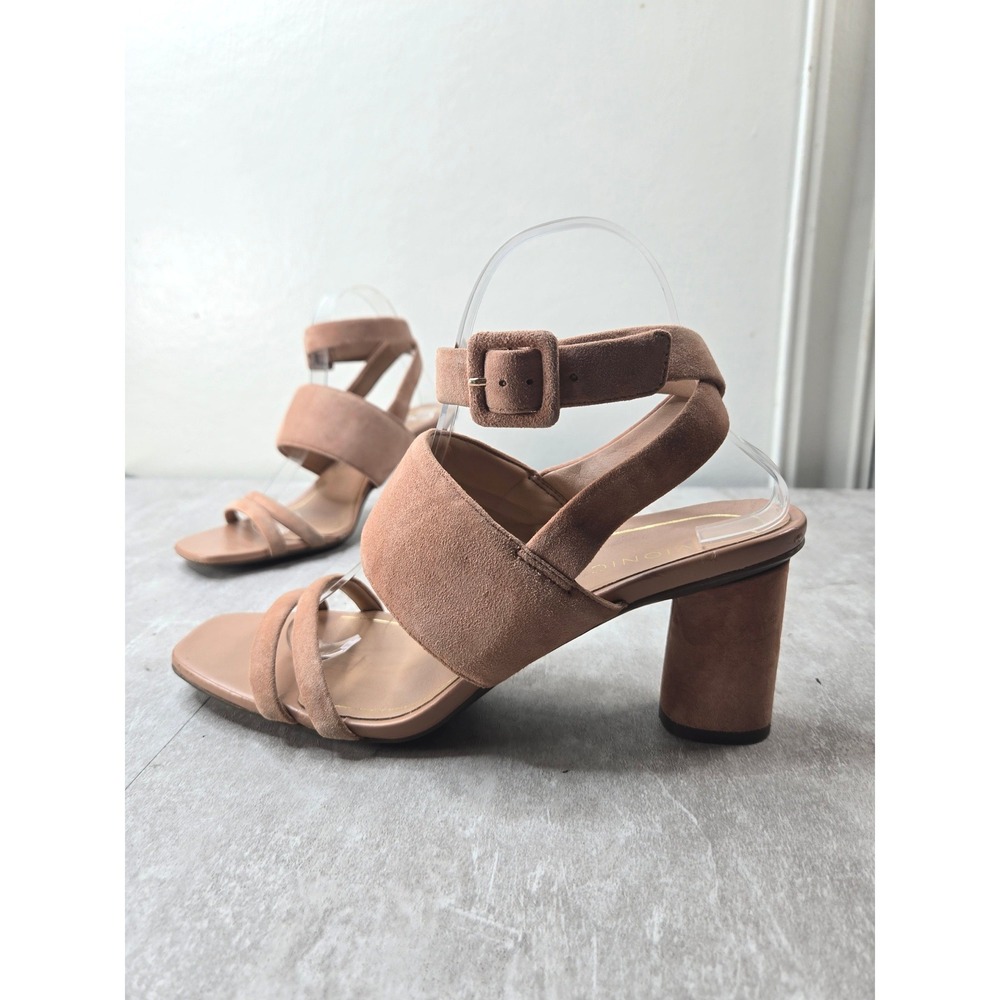 Vionic Arch Support Ankle Strap Block Heel Sandal 9 Tan Suede Square Toe Comfort